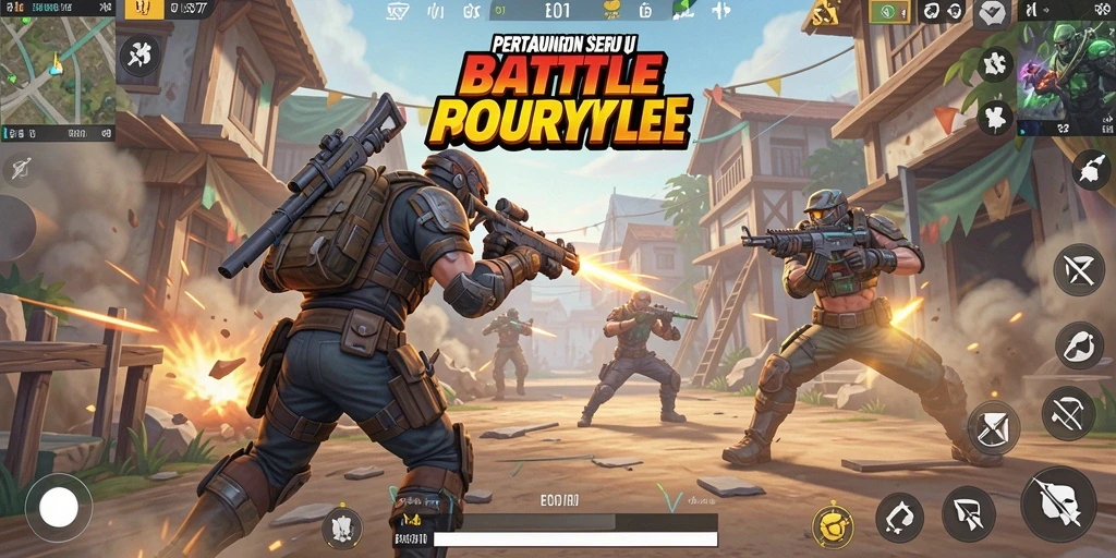 Menampilkan aksi intens dalam gameplay Battle Royale EOS77.