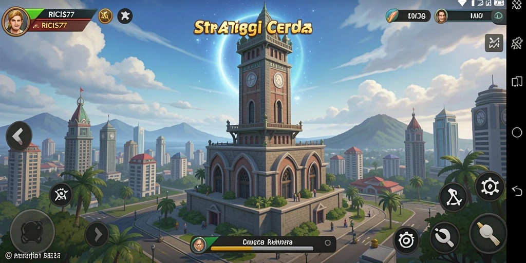 Screenshot gameplay RICIS77 dengan menara pertahanan yang dinamis.